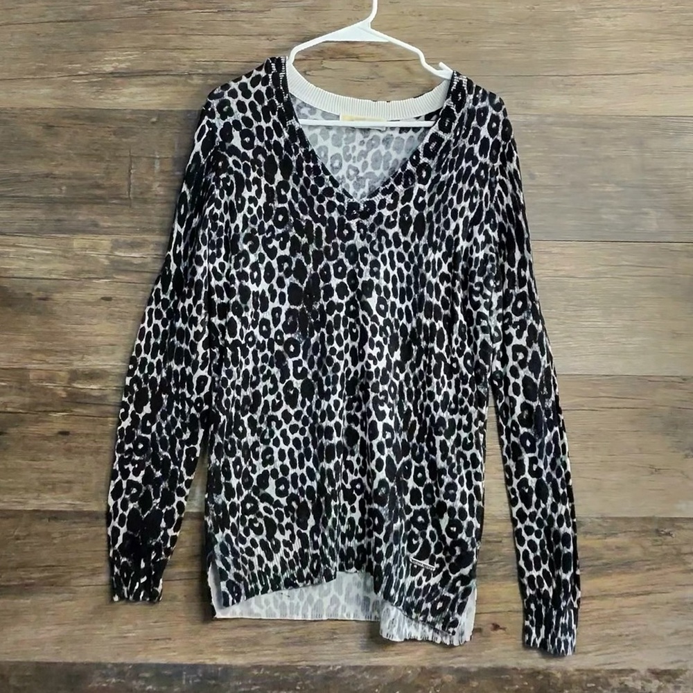 Michael Kors Black and White Animal Print V-Neck Sweater